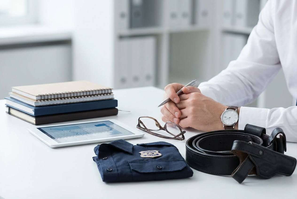 A desk with a person's hands holding a pen, a security guard uniform shirt, a belt, a holster, a tablet, notebooks, and glasses.