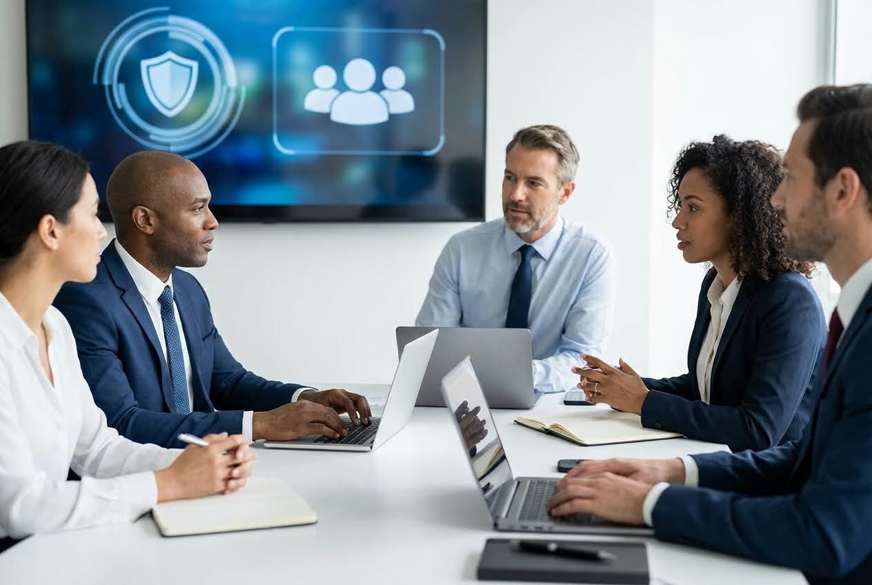 A diverse group of five professionals in business attire at a conference table with laptops, a screen showing security icons.
