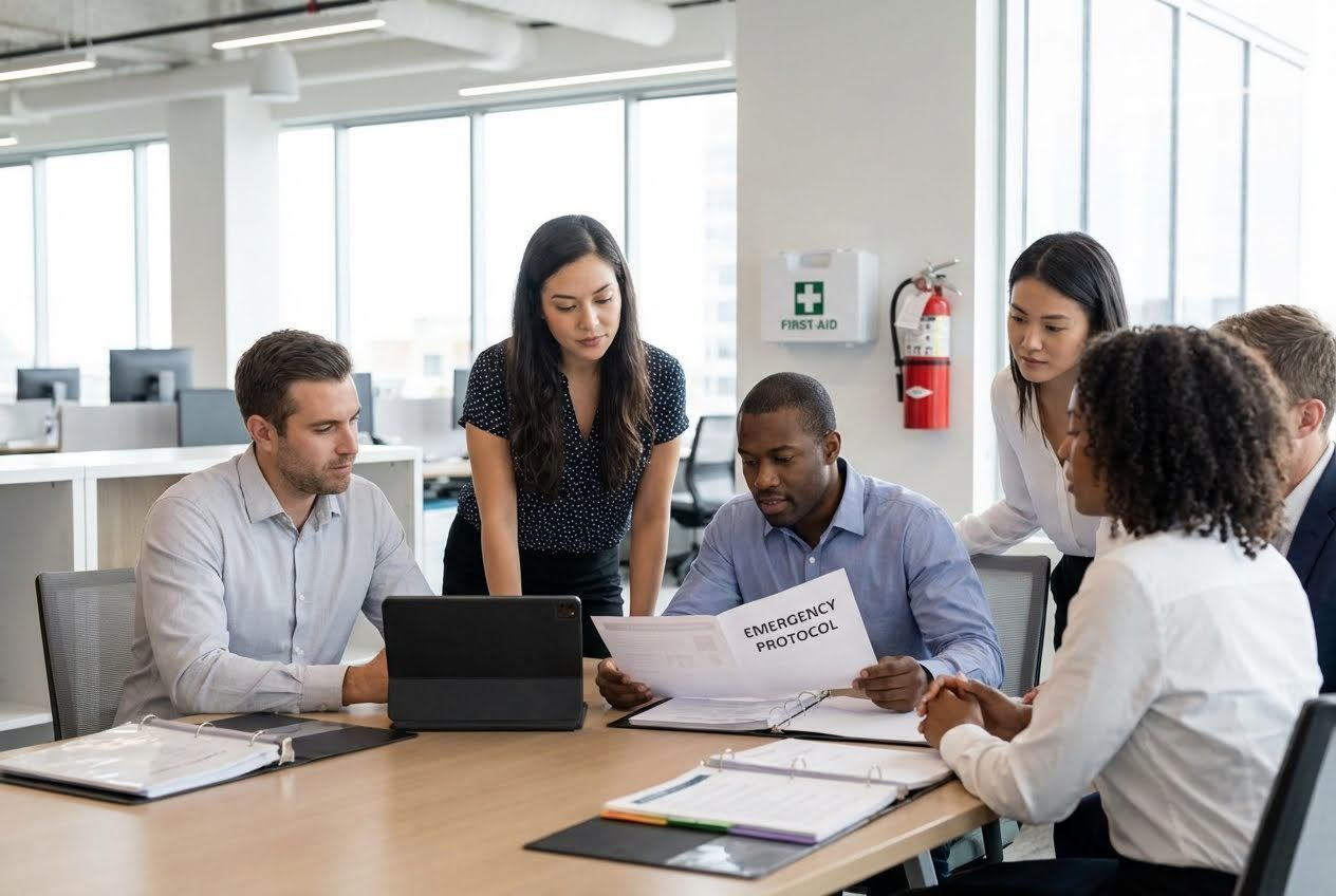 Diverse office workers review an 