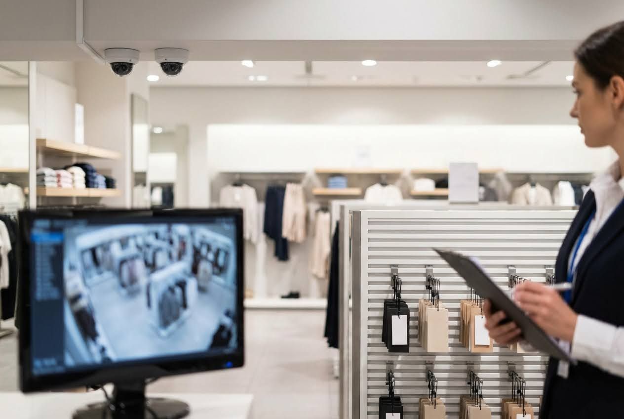 Female retail manager writing on a clipboard, with CCTV cameras and a monitor displaying surveillance footage in a bright clothing store.