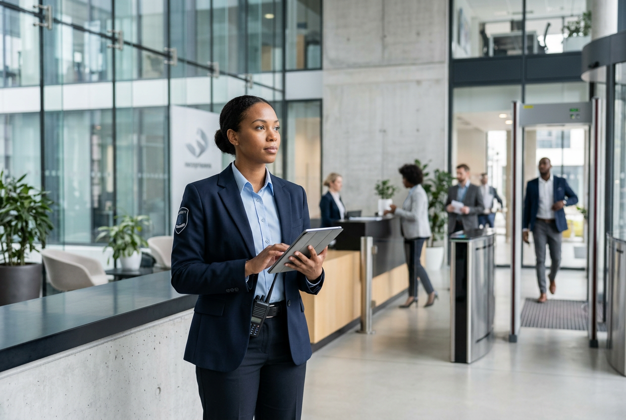 Female security officer in uniform holding a tablet in a modern office lobby with people and security gates