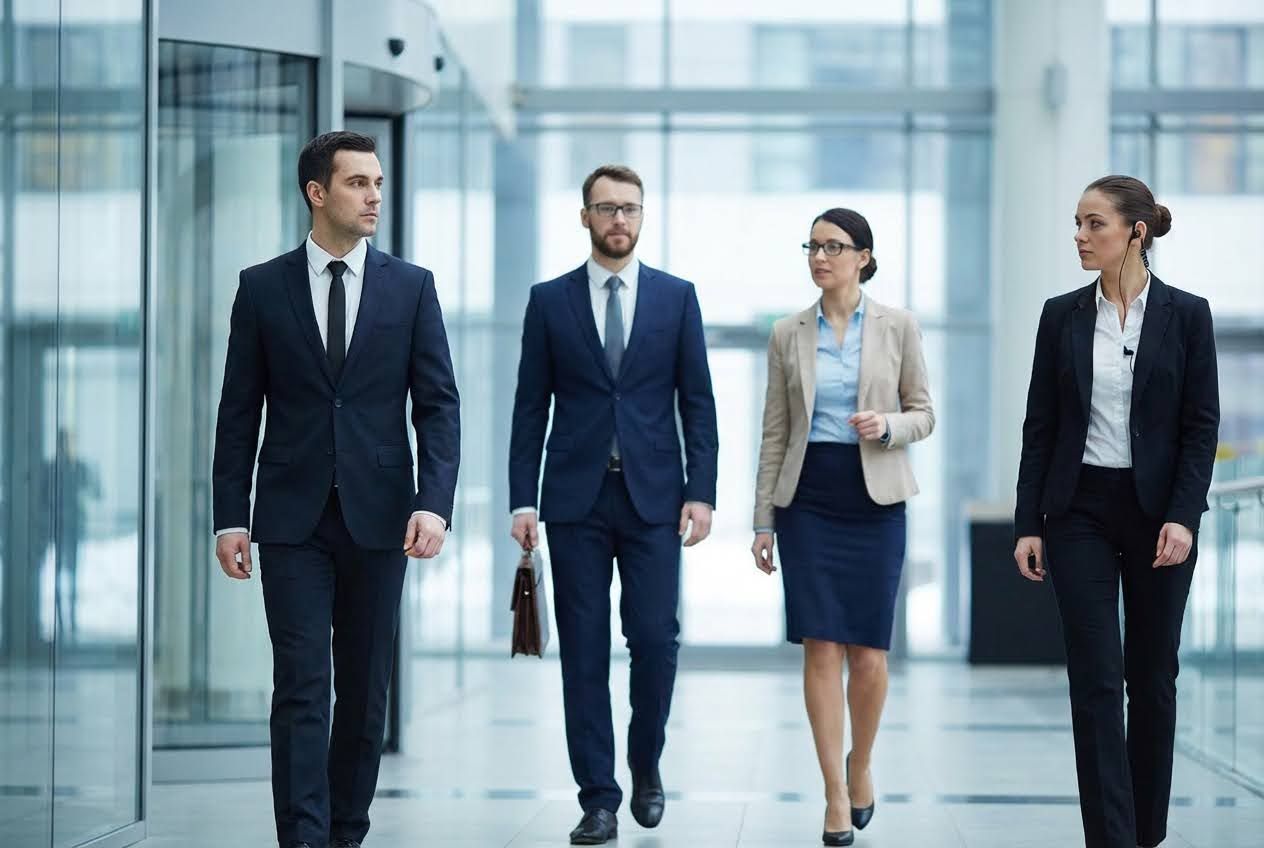 Four businesspeople, one woman with an earpiece, walk purposefully through a modern, bright office corridor.