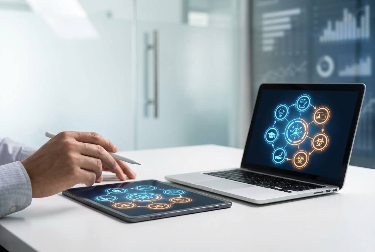 Hand holding a stylus over a tablet, next to a laptop, both displaying a glowing blue and orange icon network