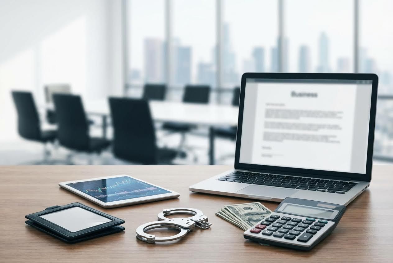 Handcuffs, cash, and a calculator on a desk with a laptop, tablet, and blurred office meeting room in the background.