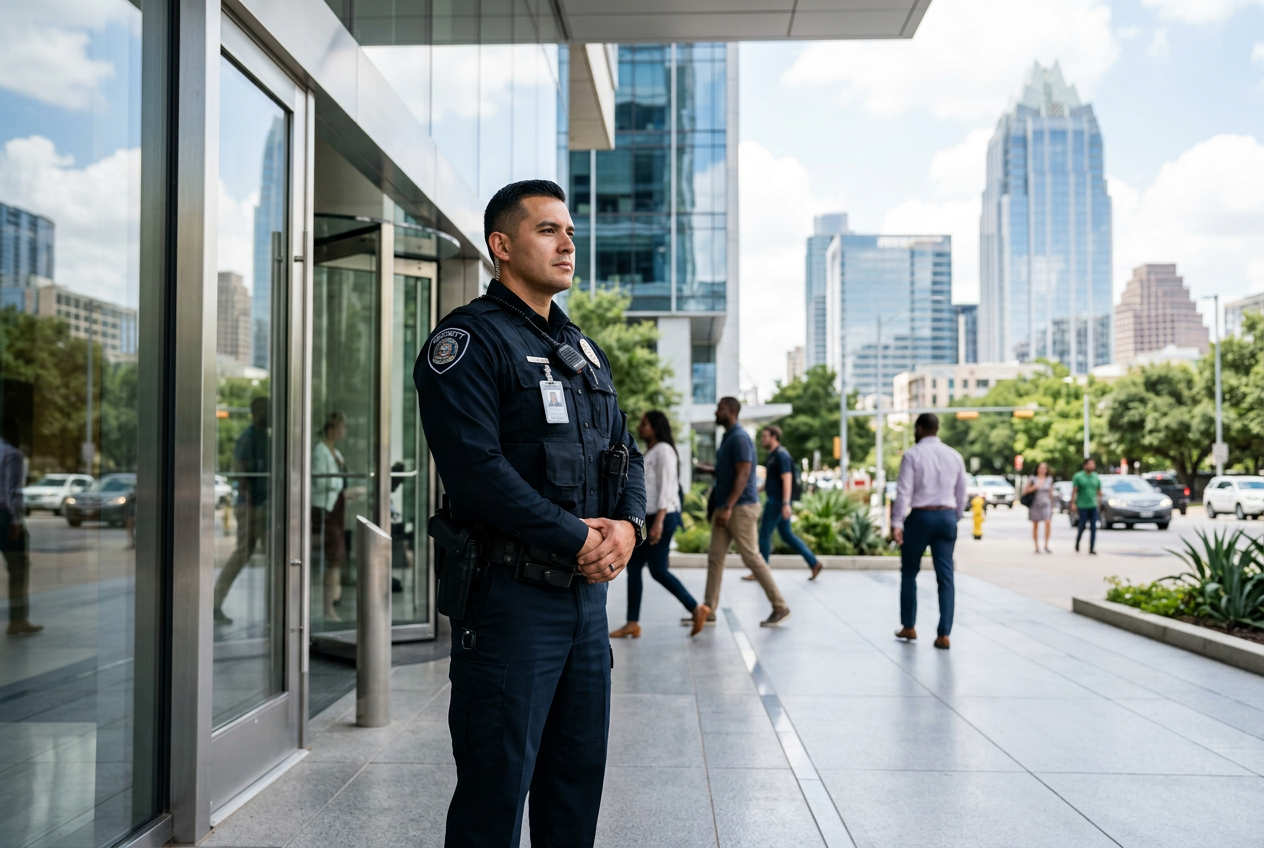 Male security guard in dark uniform stands outside a modern building with a city street and skyline in the background