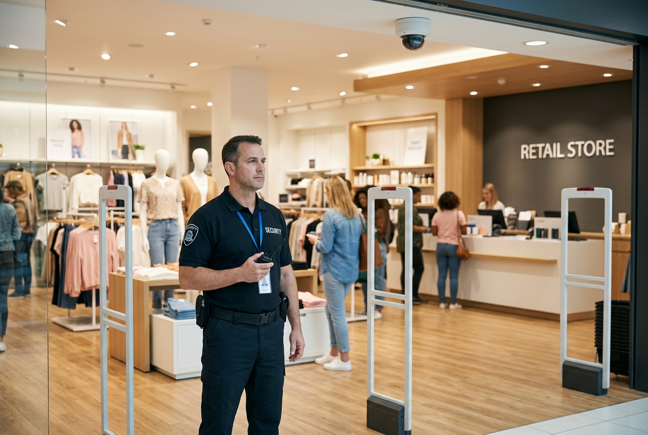 Male security guard with a radio stands in a retail store entrance with anti-theft gates and a security camera
