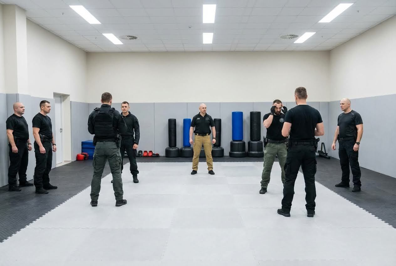 Men in tactical gear training in a gym with padded walls and floor, surrounded by punching bags.