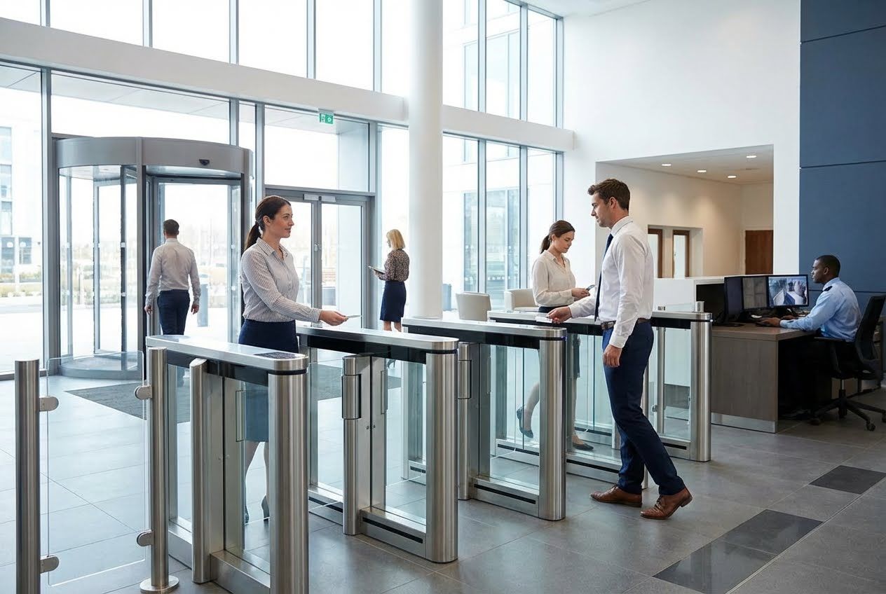 People entering a modern office building through security turnstiles, with a guard monitoring screens at a desk.
