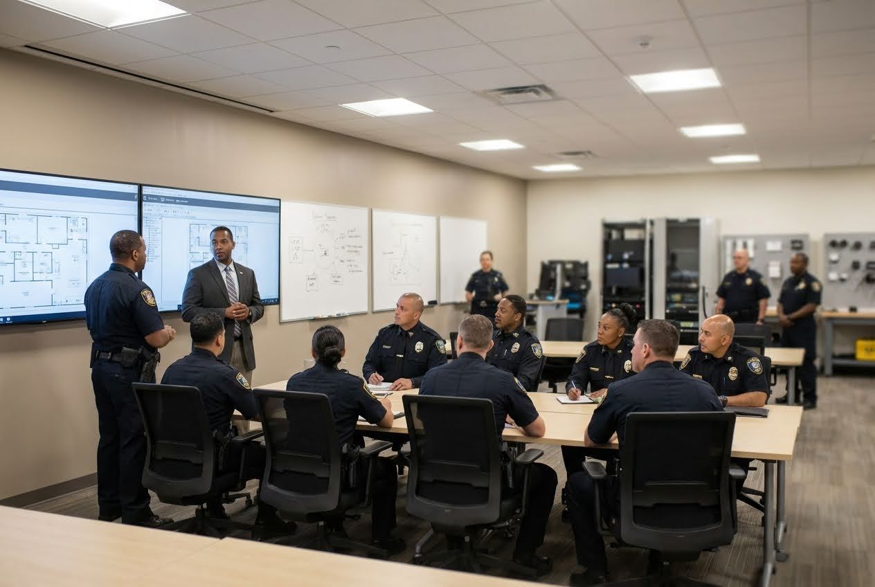 Police officers in dark blue uniforms attend a training session with a civilian instructor in a modern classroom.