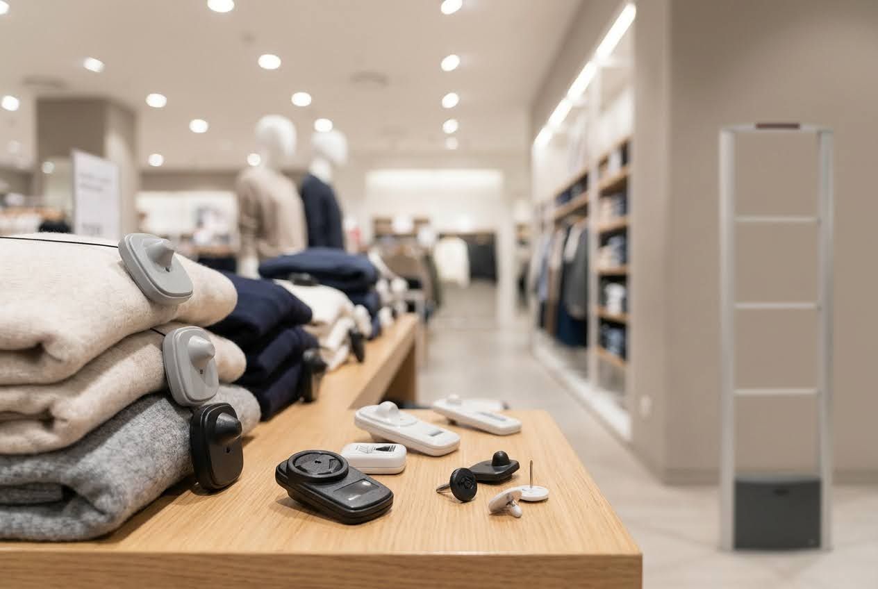 Retail store with folded clothes, various alarm tags, and an anti-theft gate.