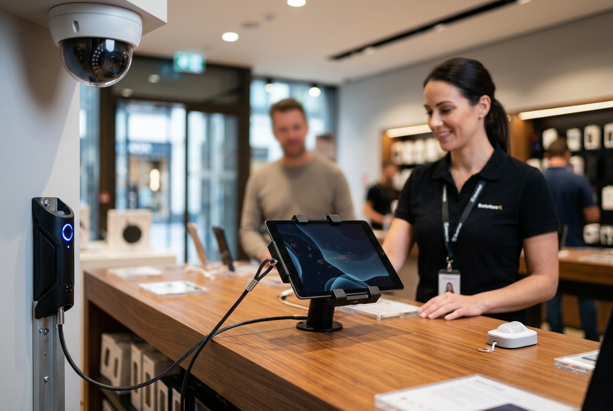 Security camera and anti-theft device with blue light in a modern store, with a smiling employee and customer in the background.