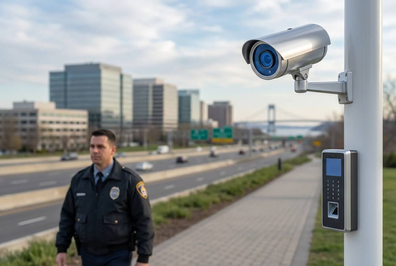 Security camera and biometric keypad on a pole, with a blurred security guard walking by a highway and buildings.