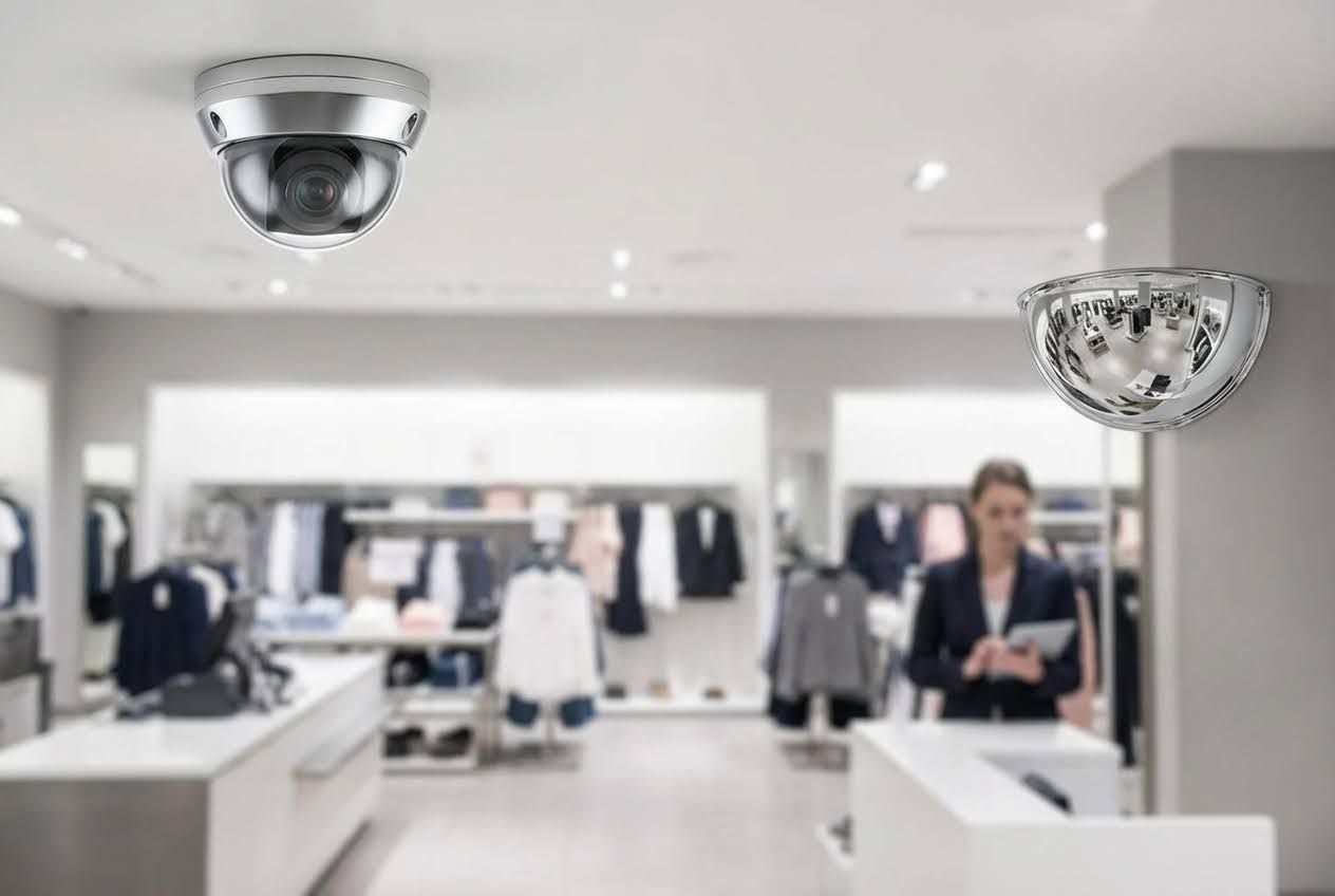 Security camera and convex mirror overlooking a blurred retail store with clothes racks and a person