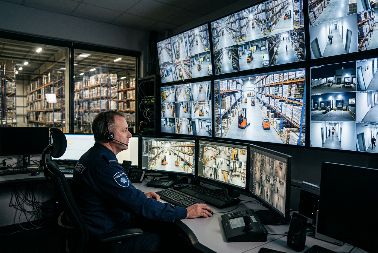Security guard in a dark control room monitoring multiple screens displaying warehouse surveillance footage
