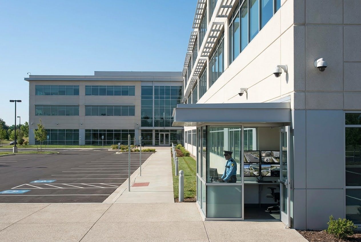 Security guard in a glass booth monitoring multiple screens, with a modern building and parking lot in the background.