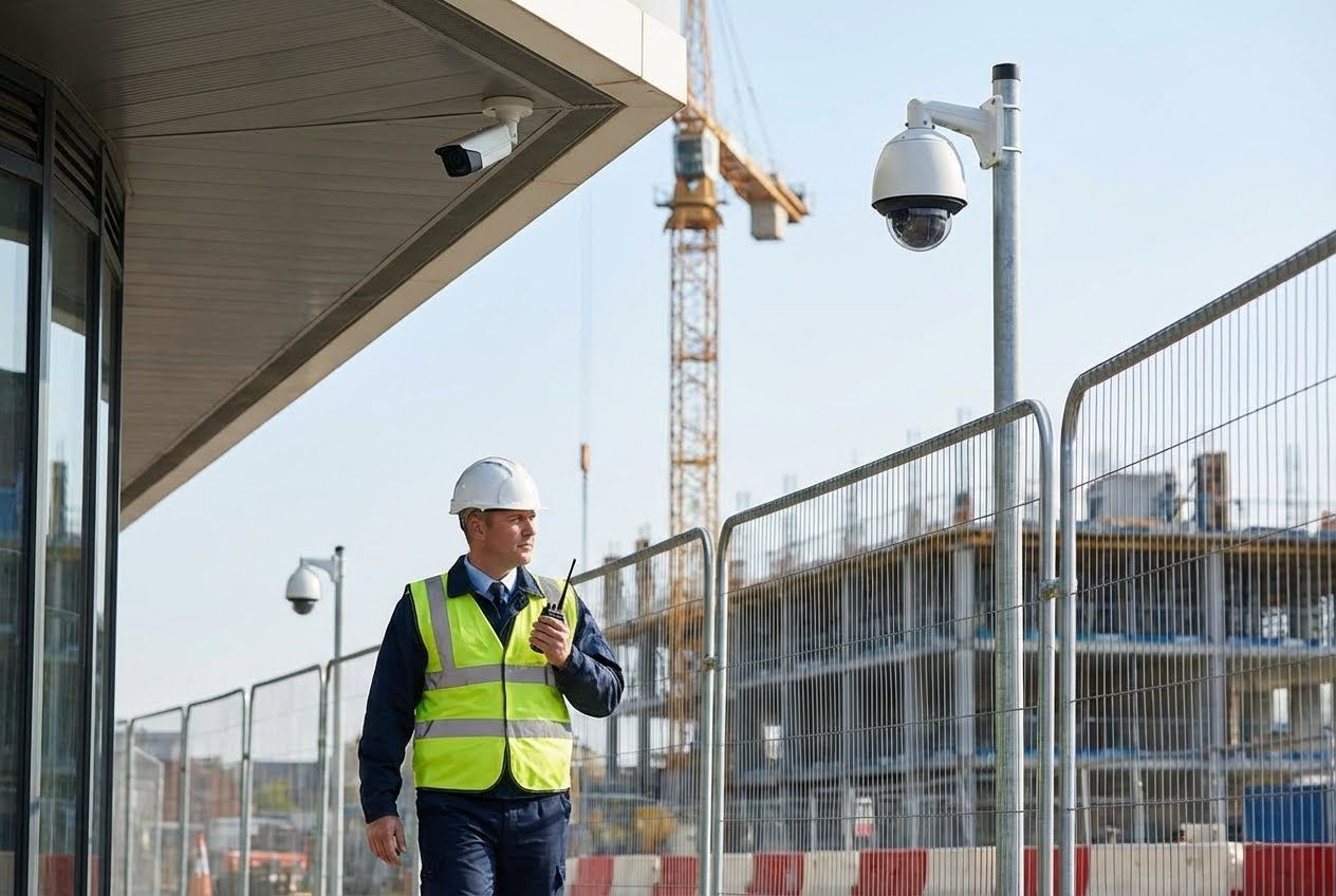 Security guard in a hard hat and high-vis vest holding a radio, walking past security cameras and construction site fencing.