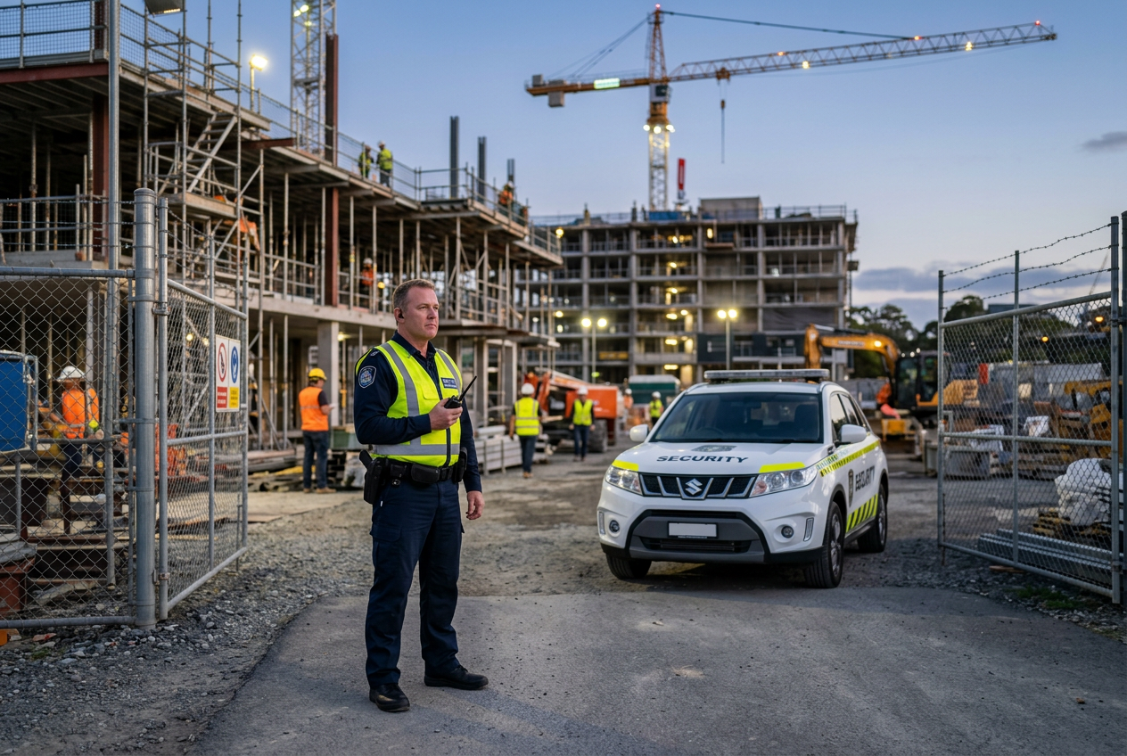 Security guard in a hi-vis vest holding a radio at a construction site with a security vehicle and cranes at dusk