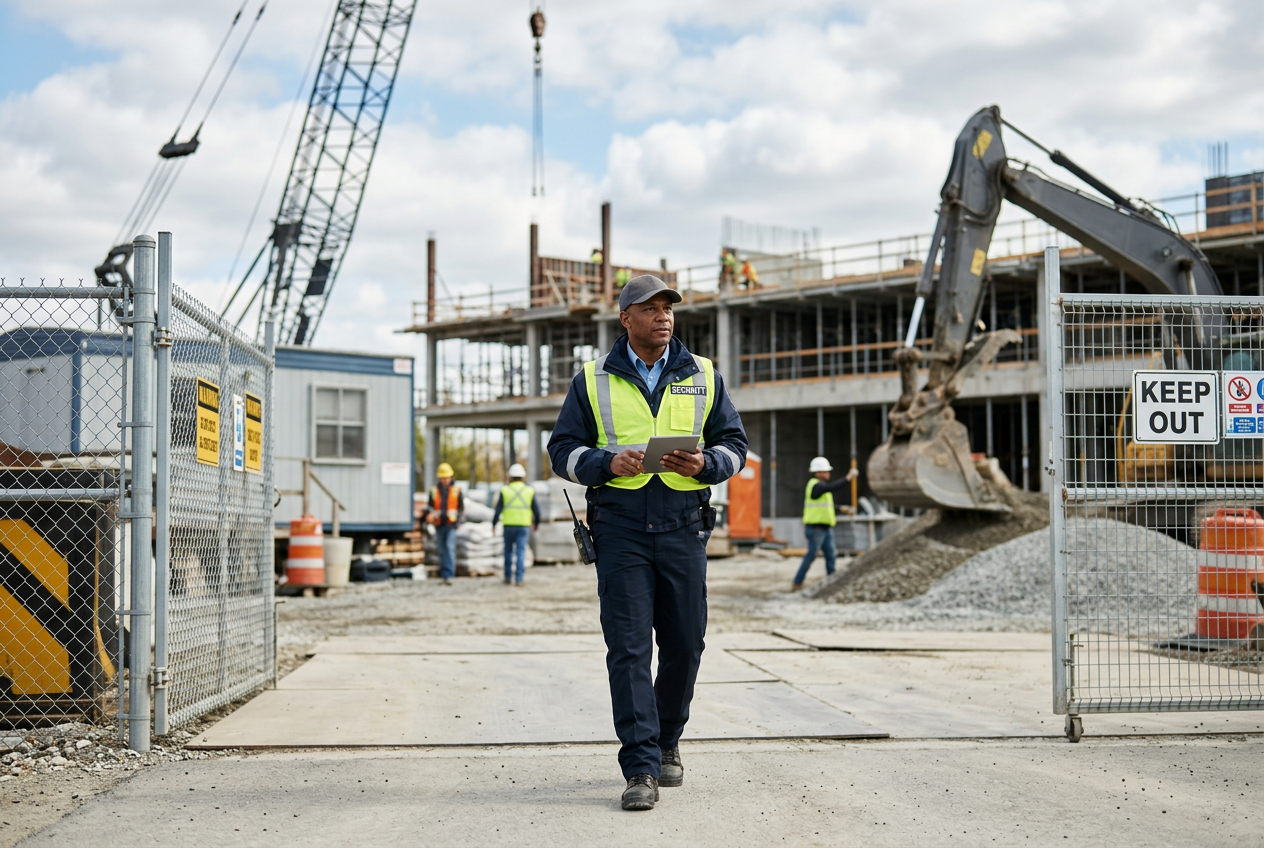 A security guard in a reflective vest walks across a construction site, holding a tablet