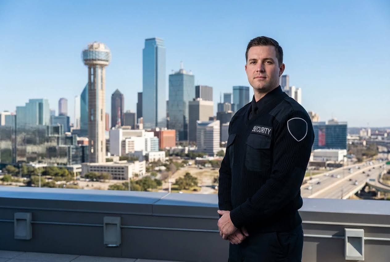 Security guard in black uniform with 