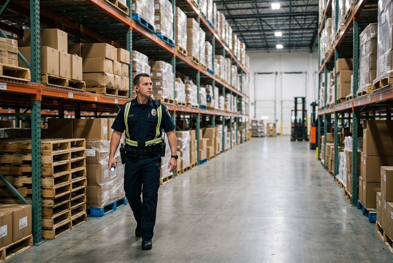 Security guard in dark uniform with reflective vest and flashlight patrols a brightly lit warehouse aisle filled with stacked boxes