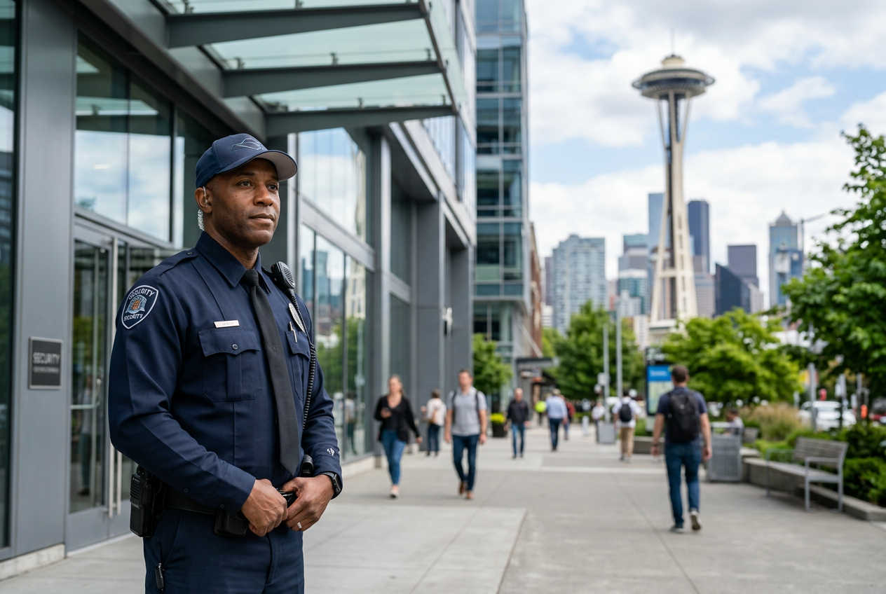 Security guard in navy uniform standing outside a modern building with the Seattle skyline in the background