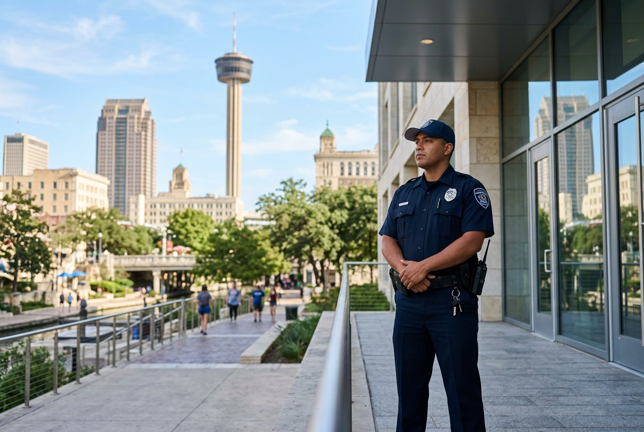 Security guard in uniform standing on a San Antonio Riverwalk patio with the Tower of the Americas in the background
