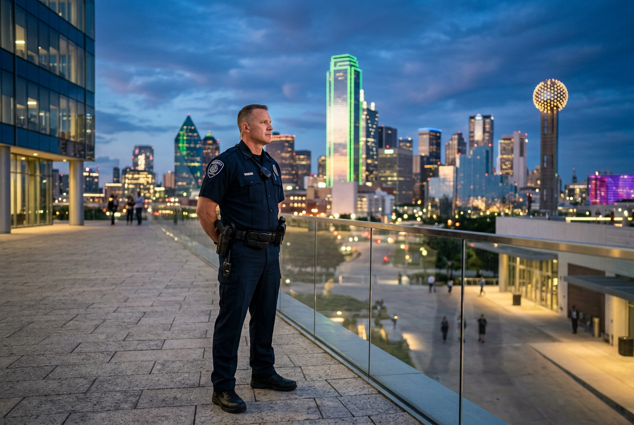 Security guard in uniform standing on a rooftop overlooking the illuminated Dallas skyline at dusk