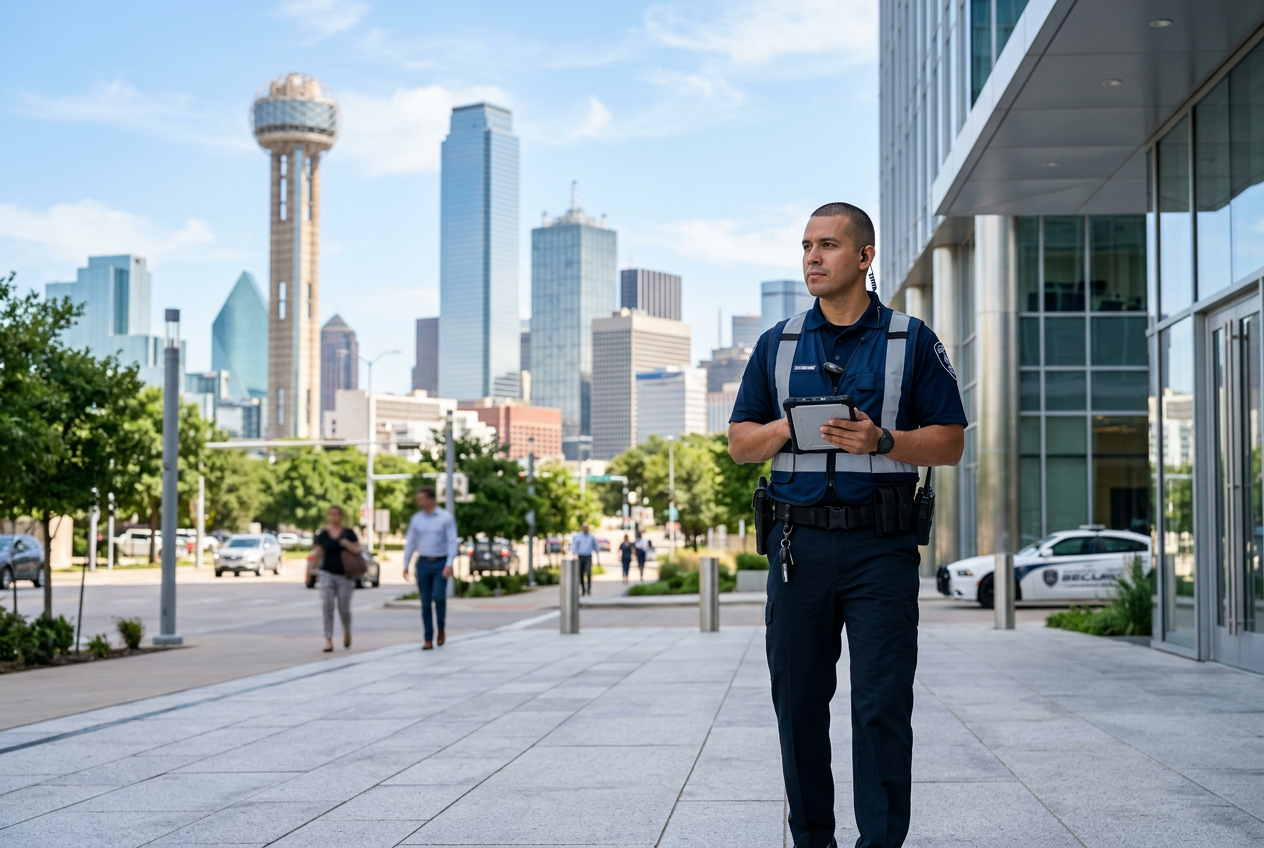 Security guard in uniform with tablet and earpiece, walking on a Dallas city sidewalk with skyscrapers in the background