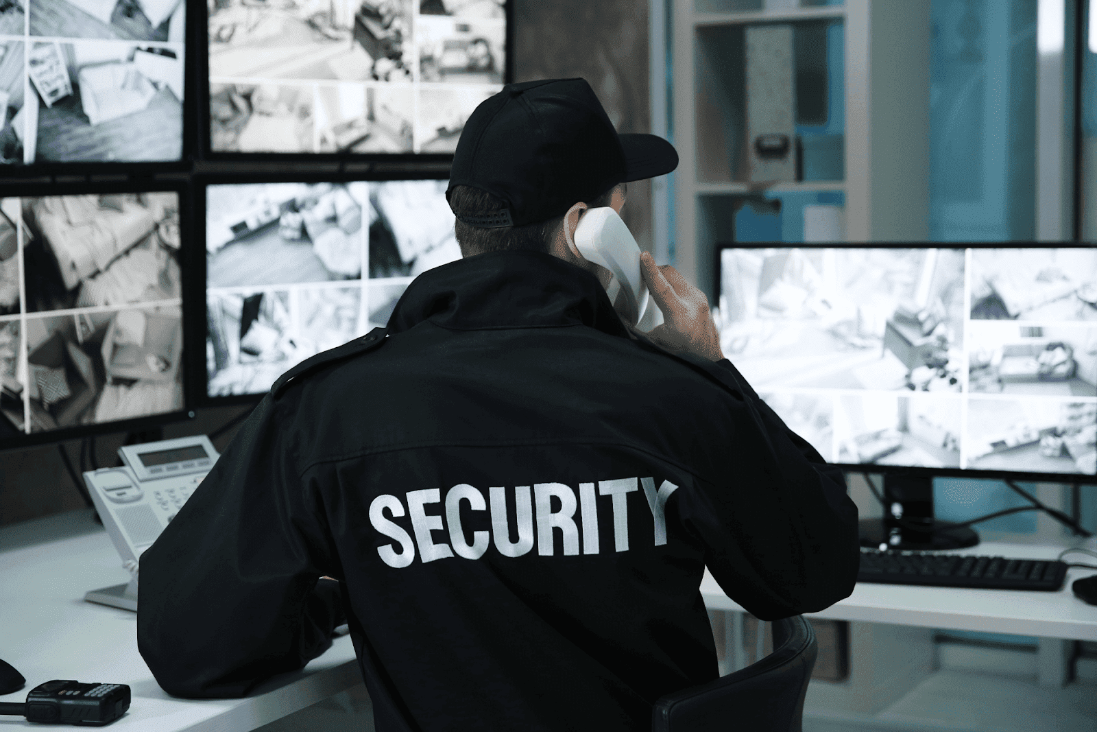 Security guard monitoring CCTV screens while on the phone