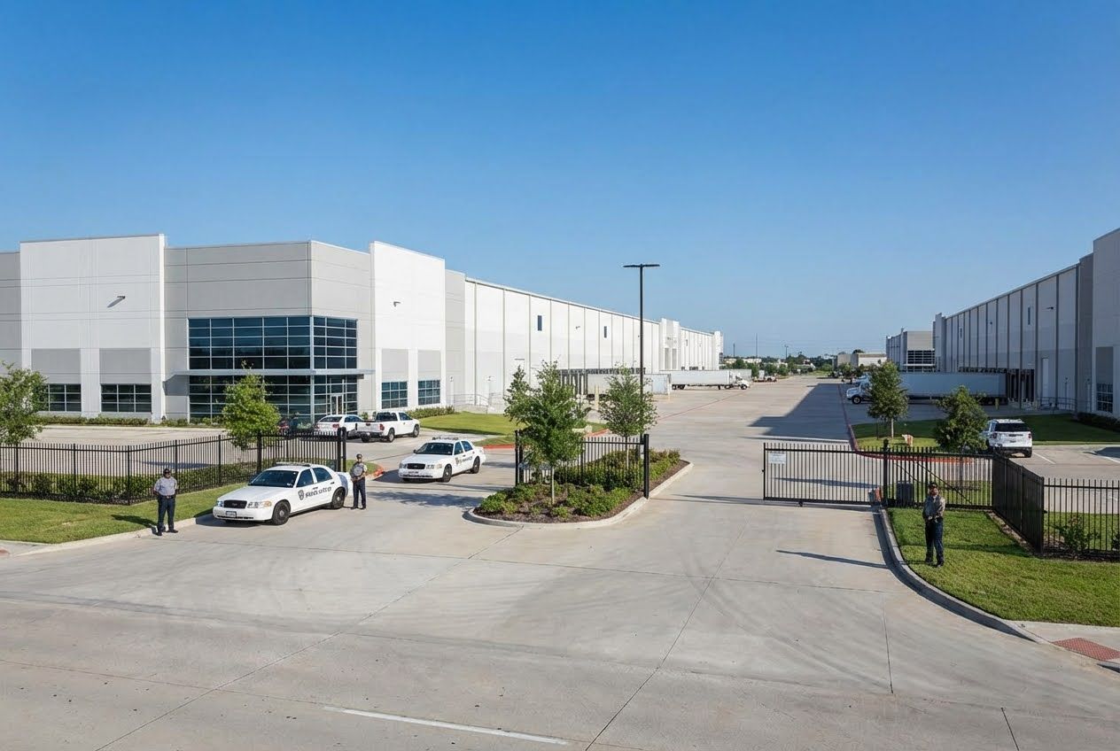 Security guards and patrol cars at the entrance of a large industrial complex with multiple warehouses under a clear blue sky.