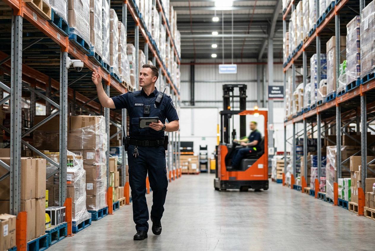 Security officer in a dark uniform pointing at a camera in a brightly lit warehouse with tall shelves and a forklift