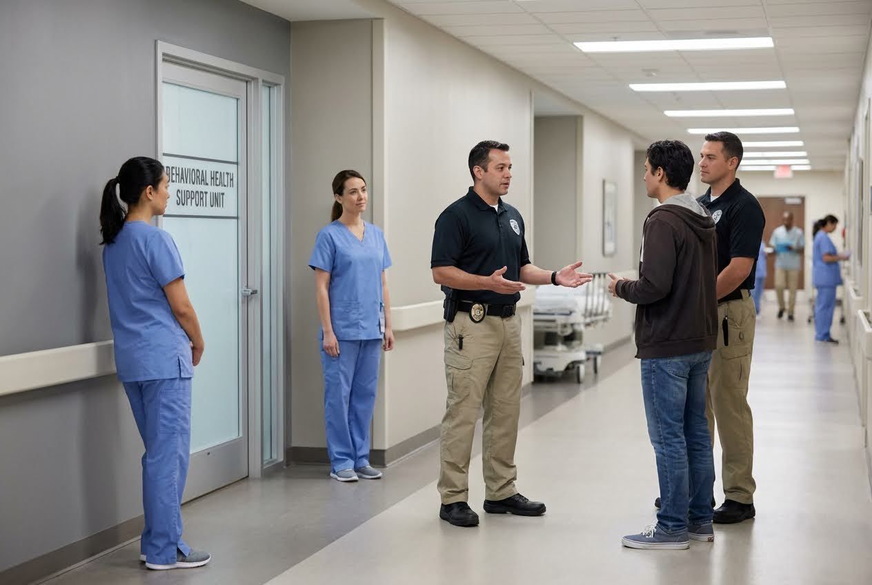 Security officers and nurses in a hospital hallway are talking to a young man outside a Behavioral Health Support Unit.