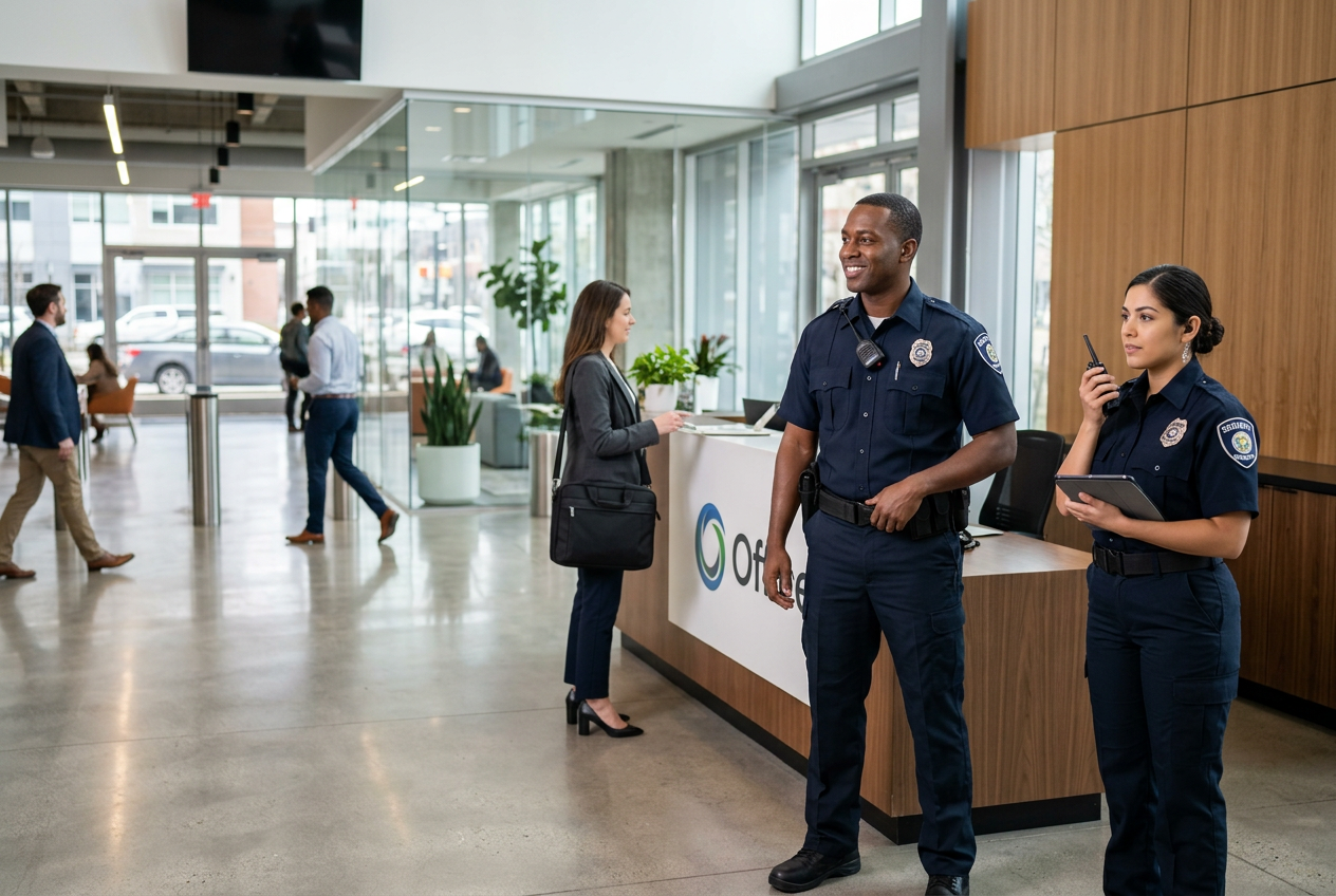 Security officers standing at a modern office reception desk, communicating while monitoring the lobby