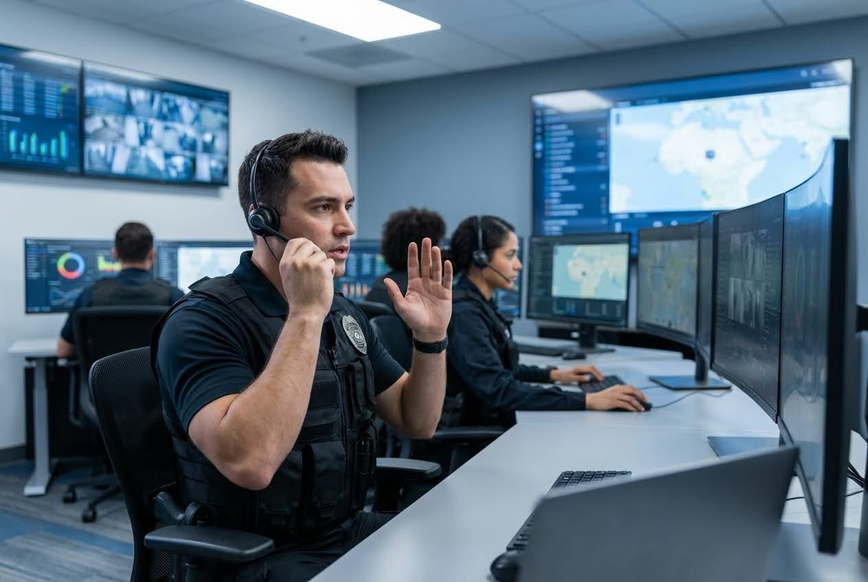 Security operations center with agents in tactical vests, headsets, and multiple screens displaying maps and surveillance feeds.