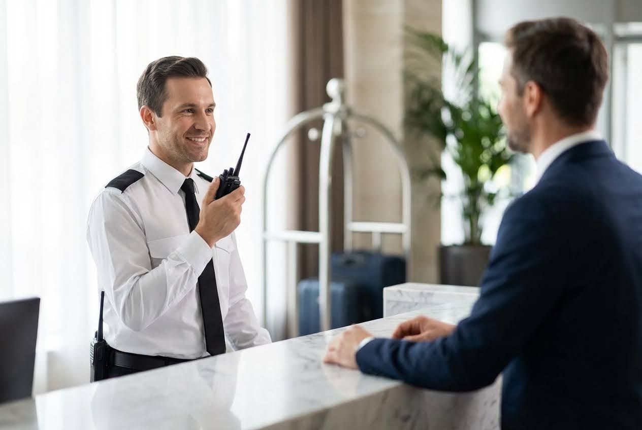Smiling hotel security guard in uniform holding a walkie-talkie, talking to a man in a suit at a marble reception desk