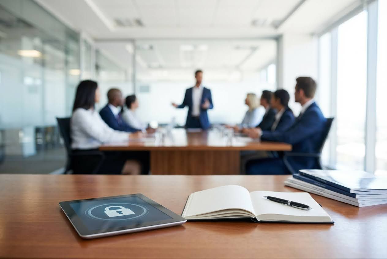 Tablet with a padlock icon, notebook, and stacked papers on a wooden table, with blurred businesspeople in a meeting room