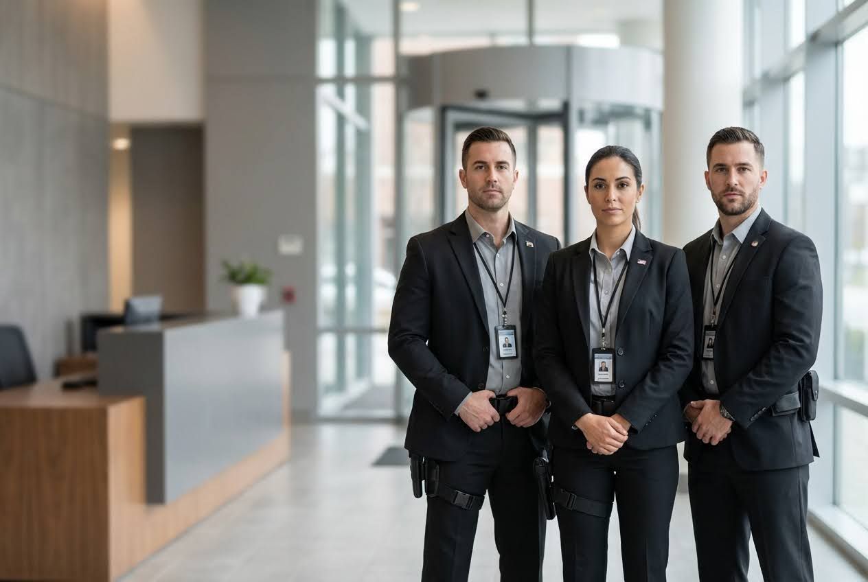 Three armed security guards in black suits and ID badges stand in a modern office lobby.
