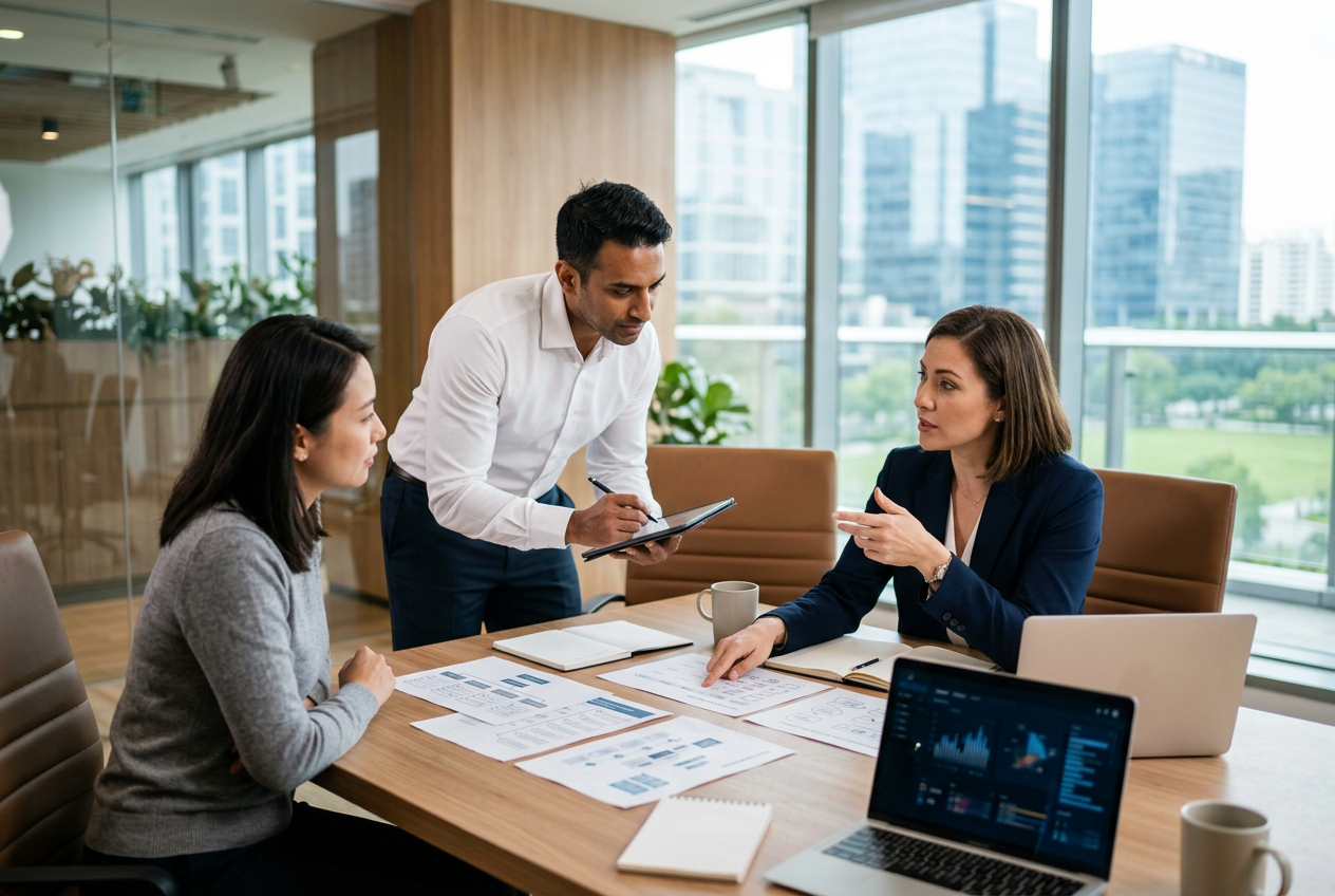 Three diverse professionals discuss documents and laptops at a modern conference table with city views
