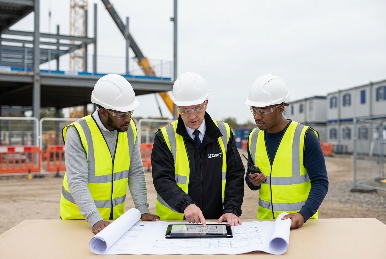 Three men in hard hats and safety vests review blueprints and a tablet at a construction site.