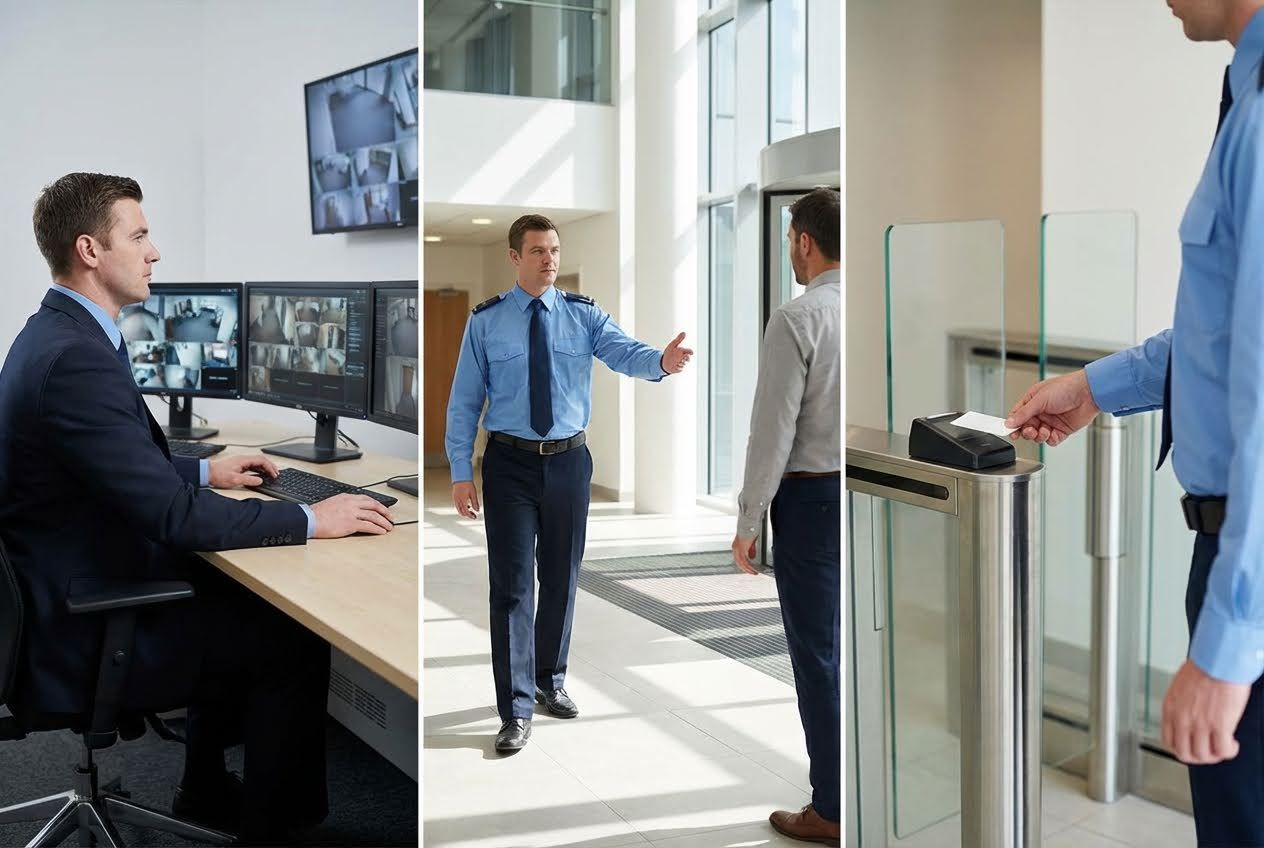 Three panels show a security guard monitoring screens, directing a person, and scanning an access card.