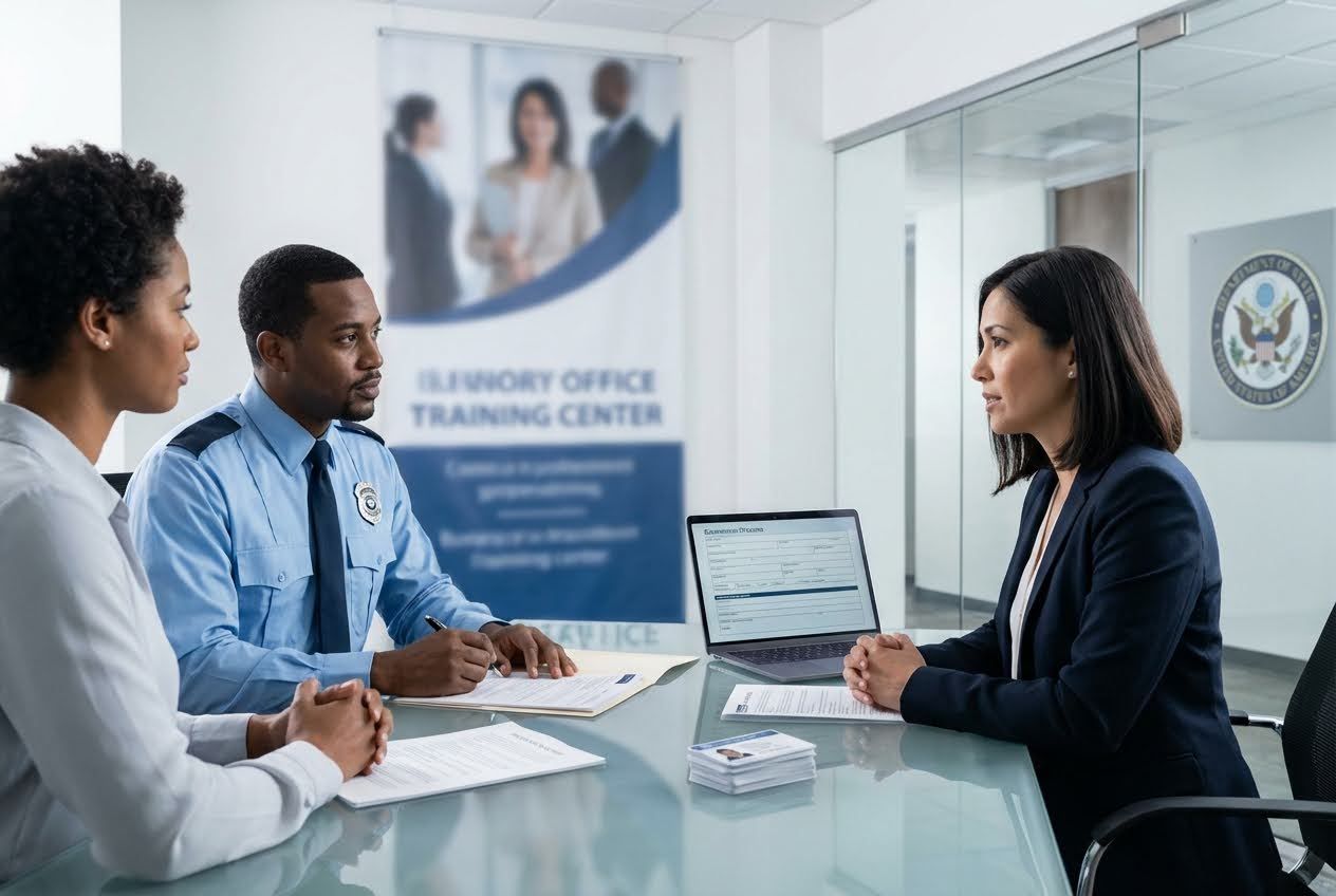 Three people, including a man in uniform, sit at a glass table with a laptop and documents in an office.