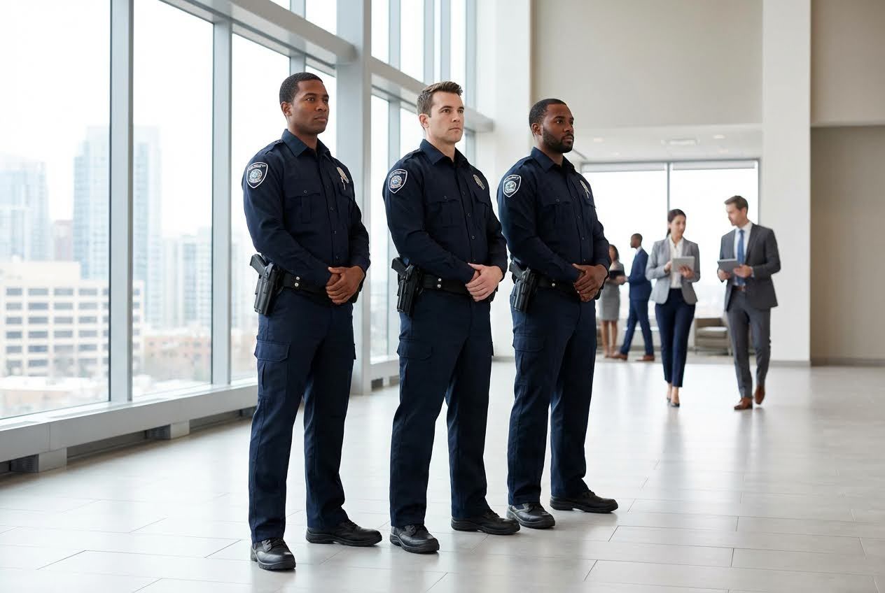 Three police officers stand alert in a modern building lobby while people pass by in the background.