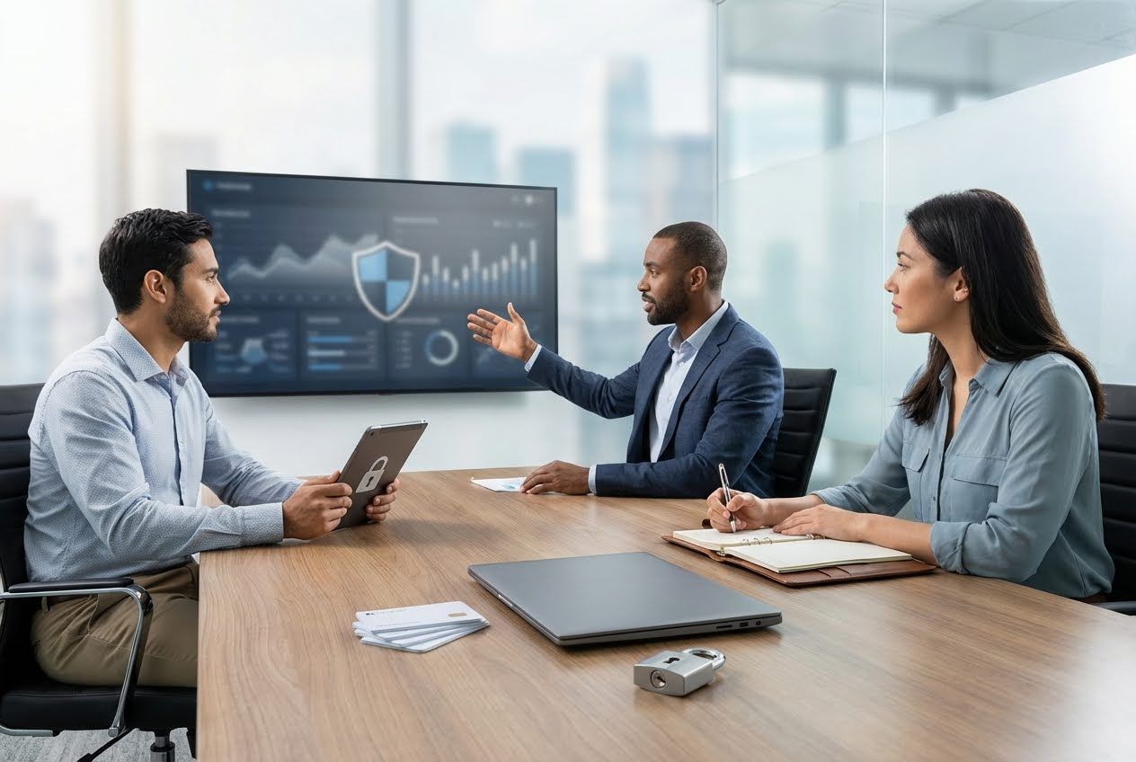 Three professionals discuss cybersecurity in a modern office, with a large screen displaying a shield icon and data.