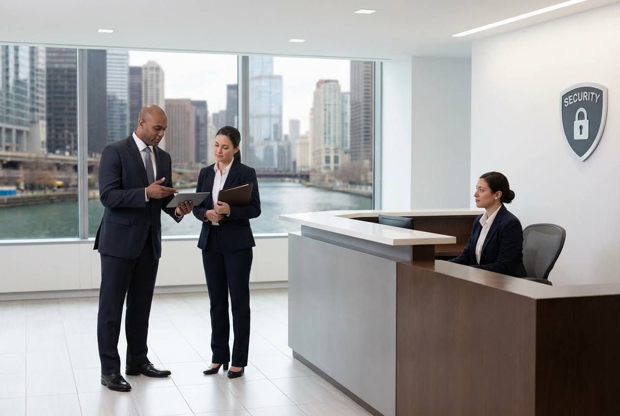 Three professionals in a modern office with a city skyline view, one at a reception desk with a 