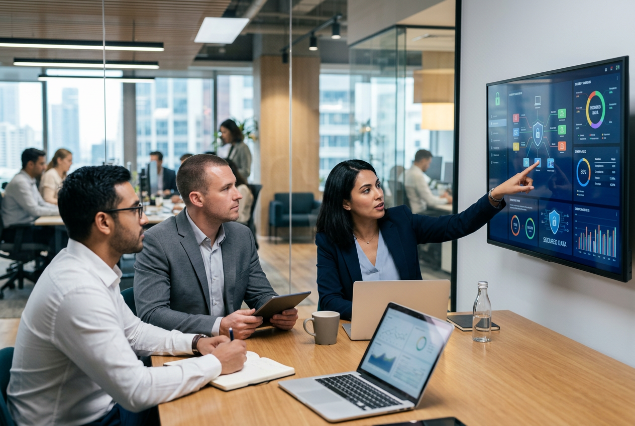 Three professionals in a modern office, a woman pointing at a large screen displaying security data and compliance dashboards