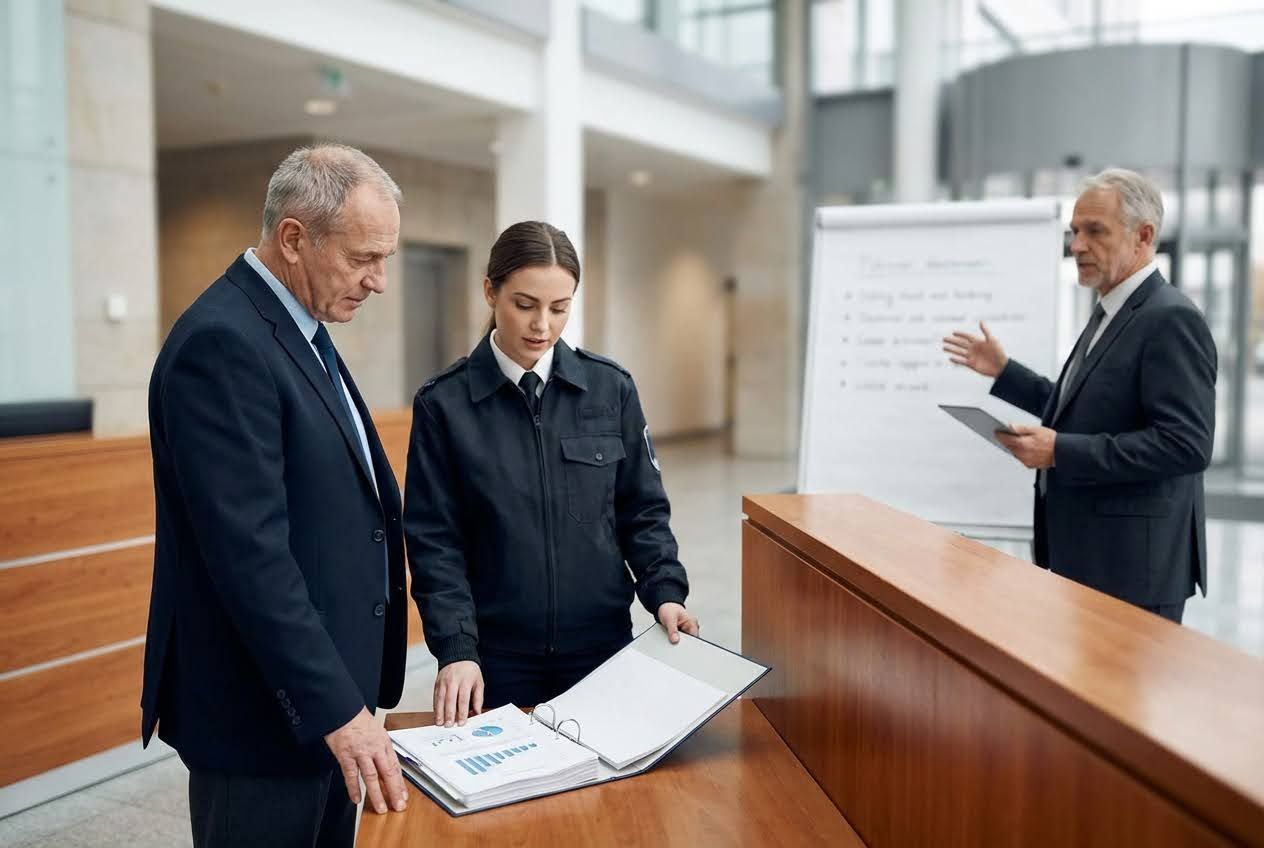 Three professionals, two men in suits and a woman in uniform, review charts and present in a modern office.