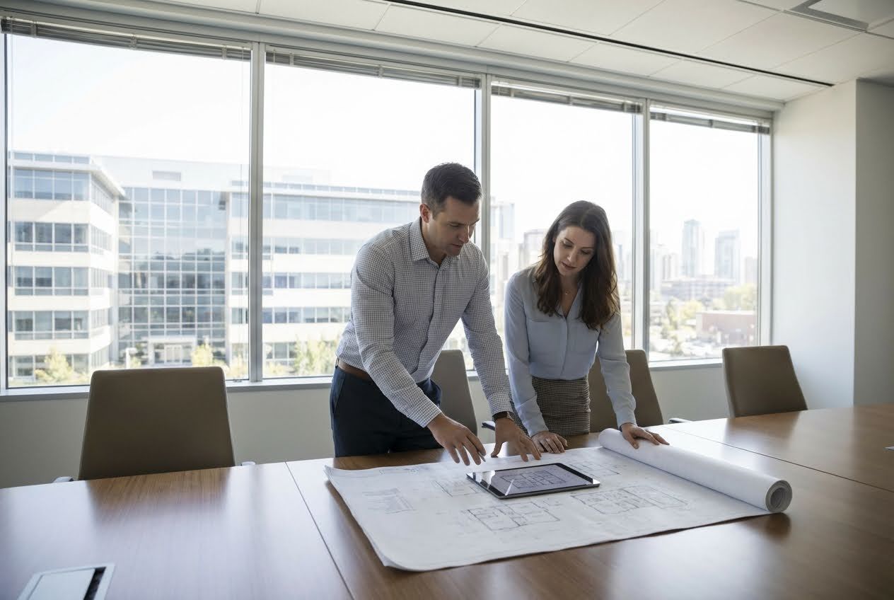 Two architects review blueprints and a tablet on a conference table with large windows overlooking city buildings.