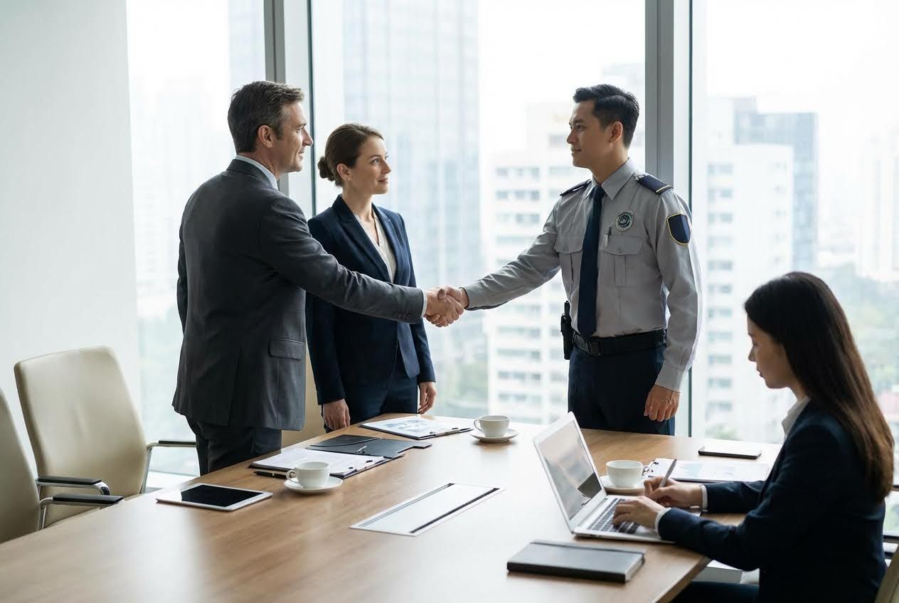Two business people shaking hands with a security guard in a modern office meeting room