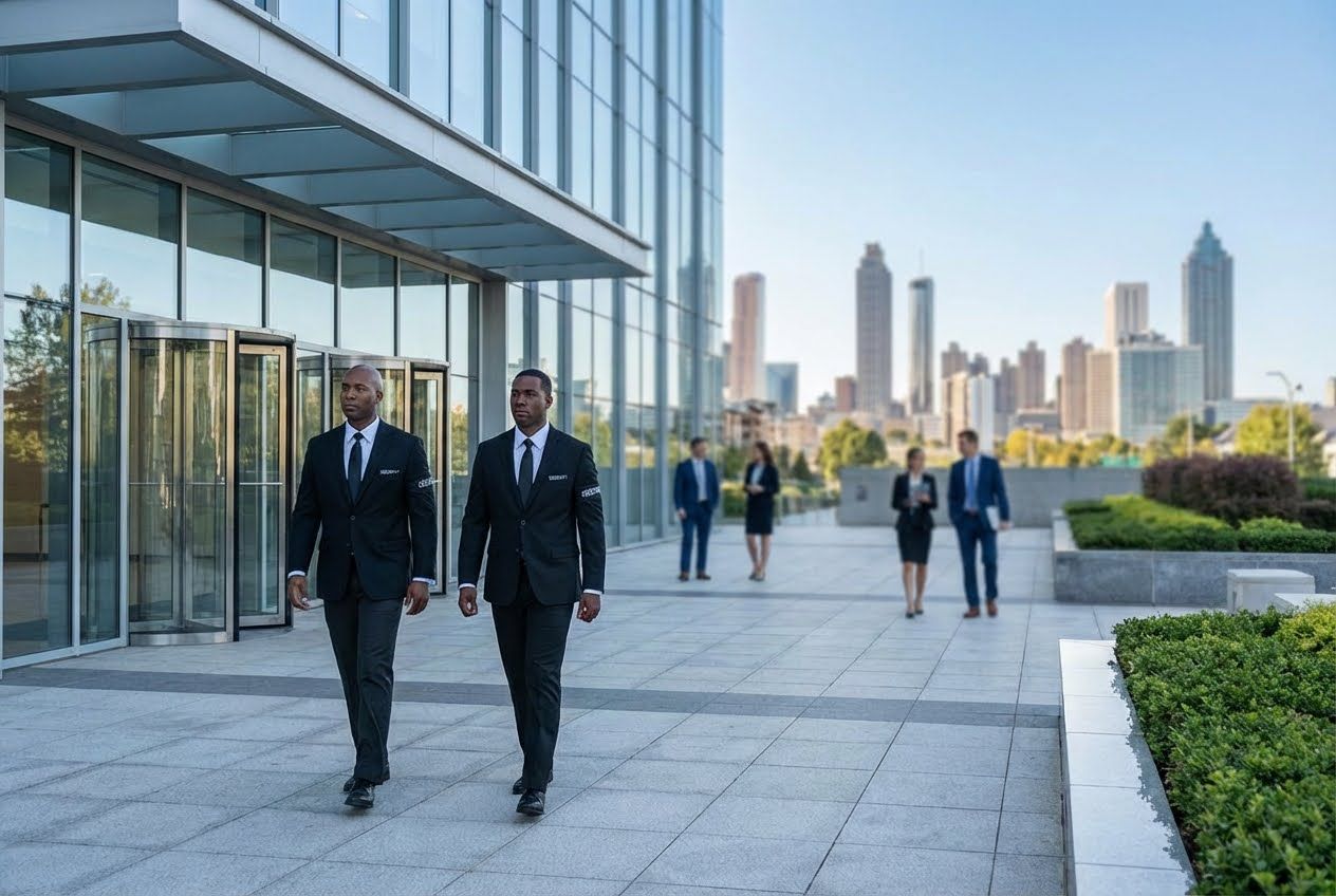 Two male security guards in black suits walk past a modern glass building with a city skyline in the background.