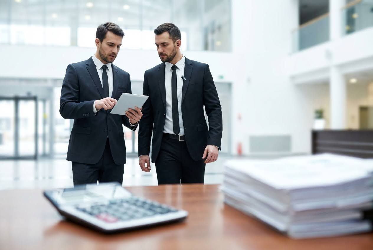 Two men in black suits, one with an earpiece, look at a tablet in a modern, brightly lit office lobby
